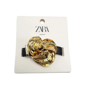 Zara Gold Tone Flower Adjustable Bracelet Black Band Retired Piece New READ ME